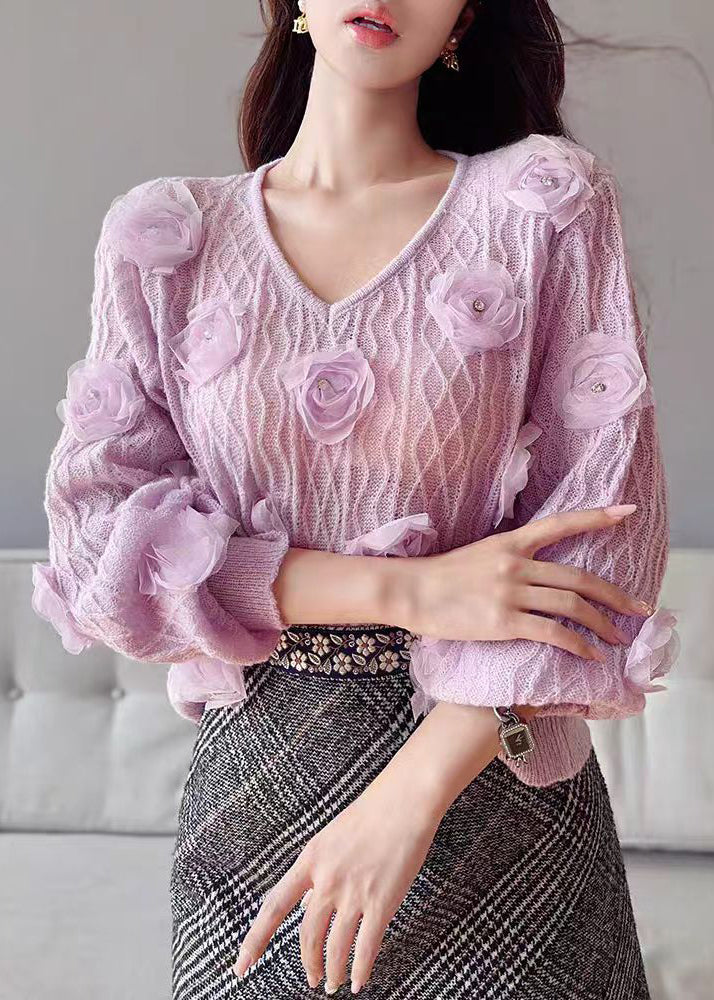 Purple V Neck Knit Sweater Lantern Sleeve