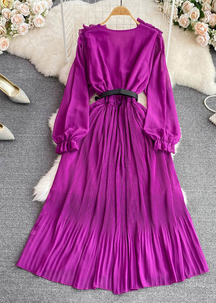 Purple V Neck Ruffled Tunic Sashes Maxi Dress Puff Sleeve