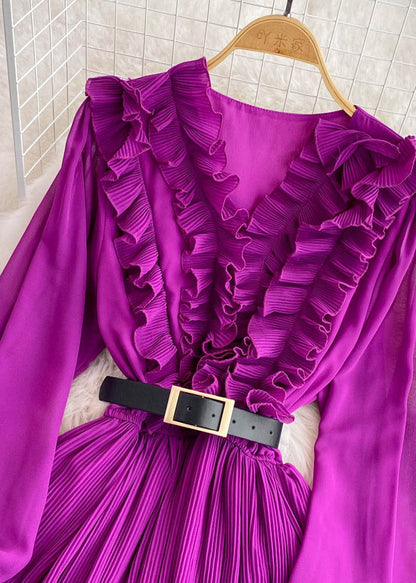 Purple V Neck Ruffled Tunic Sashes Maxi Dress Puff Sleeve