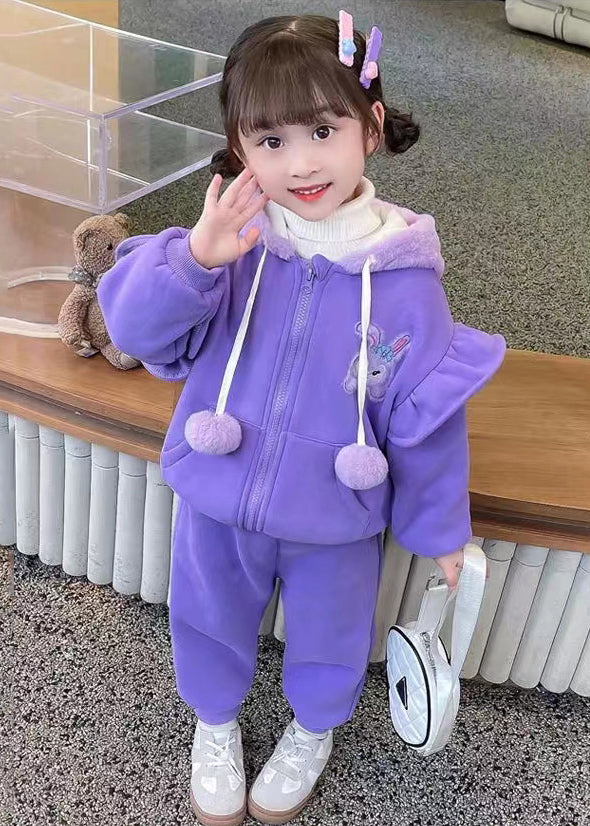 Purple Zippered Coats and Pants Warm Fleece Two Piece Set Spring
