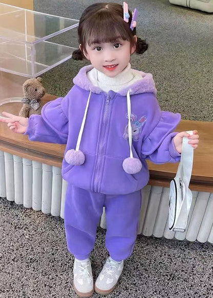 Purple Zippered Coats and Pants Warm Fleece Two Piece Set Spring