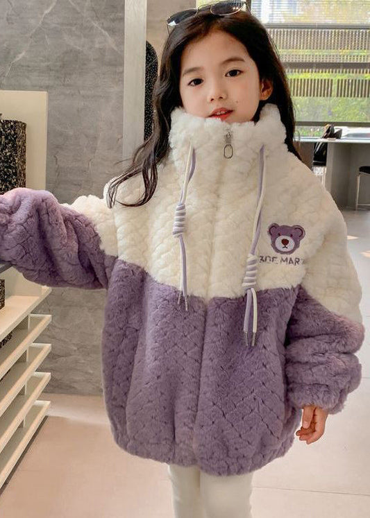 Purple Zippered Patchwork Fluffy Coat Winter