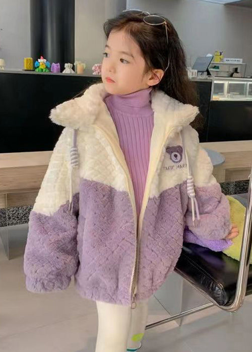 Purple Zippered Patchwork Fluffy Coat Winter