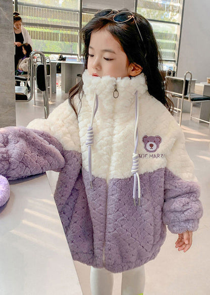 Purple Zippered Patchwork Fluffy Coat Winter