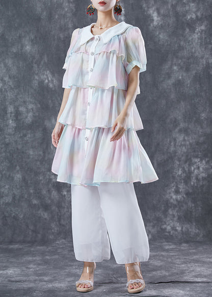 Rainbow Peter Pan Collar Layered Ruffles Chiffon Dresses Summer