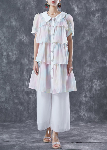 Rainbow Peter Pan Collar Layered Ruffles Chiffon Dresses Summer