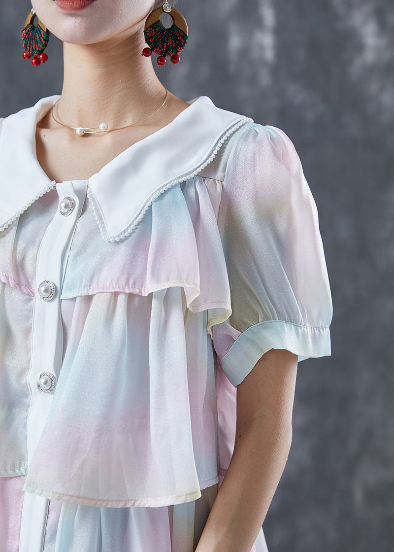 Rainbow Peter Pan Collar Layered Ruffles Chiffon Dresses Summer