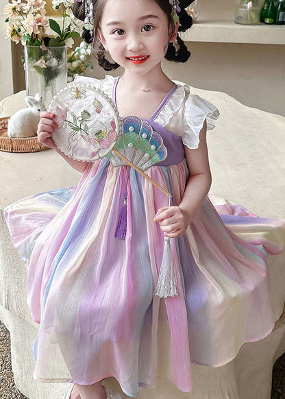 Rainbow Ruffled Nail Bead Patchwork Chiffon Baby Dress Summer