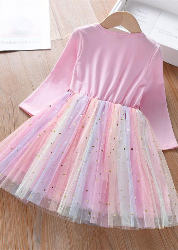 Rainbow Ruffled Sequins Patchwork Tulle Baby Party Dress Long Sleeve