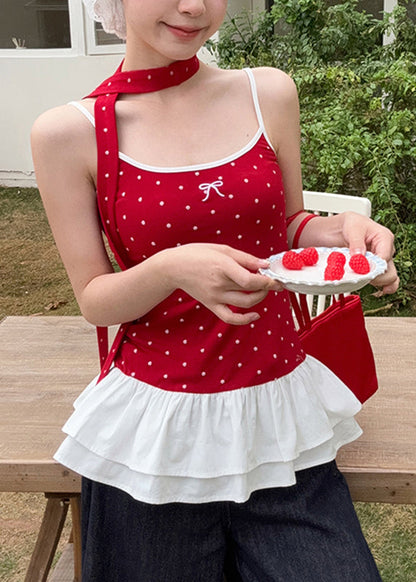 Red Dot Ruffled Patchwork Wrinkled Tank Summer
