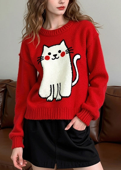 Red Embroidered Cat Knit Pullover Winter