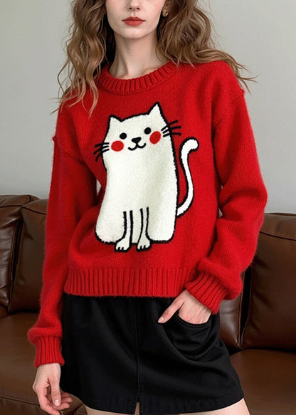 Red Embroidered Cat Knit Pullover Winter