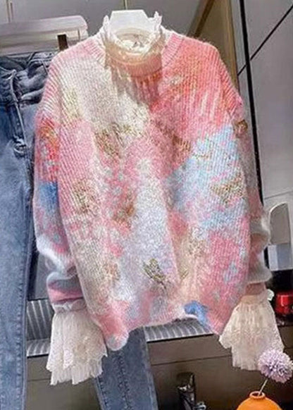 Red O-neck Print Lace Patchwork Cotton Knit Sweaters Fall