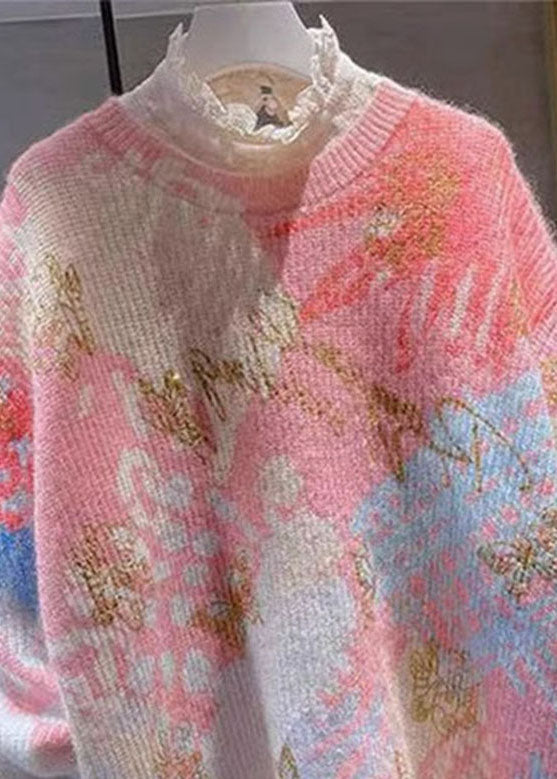 Red O-neck Print Lace Patchwork Cotton Knit Sweaters Fall