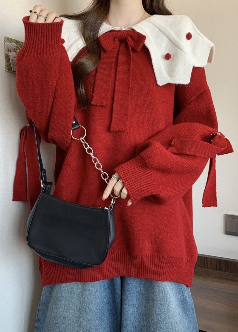 Red Oversized Patchwork Bow Knit Sweater Fall
