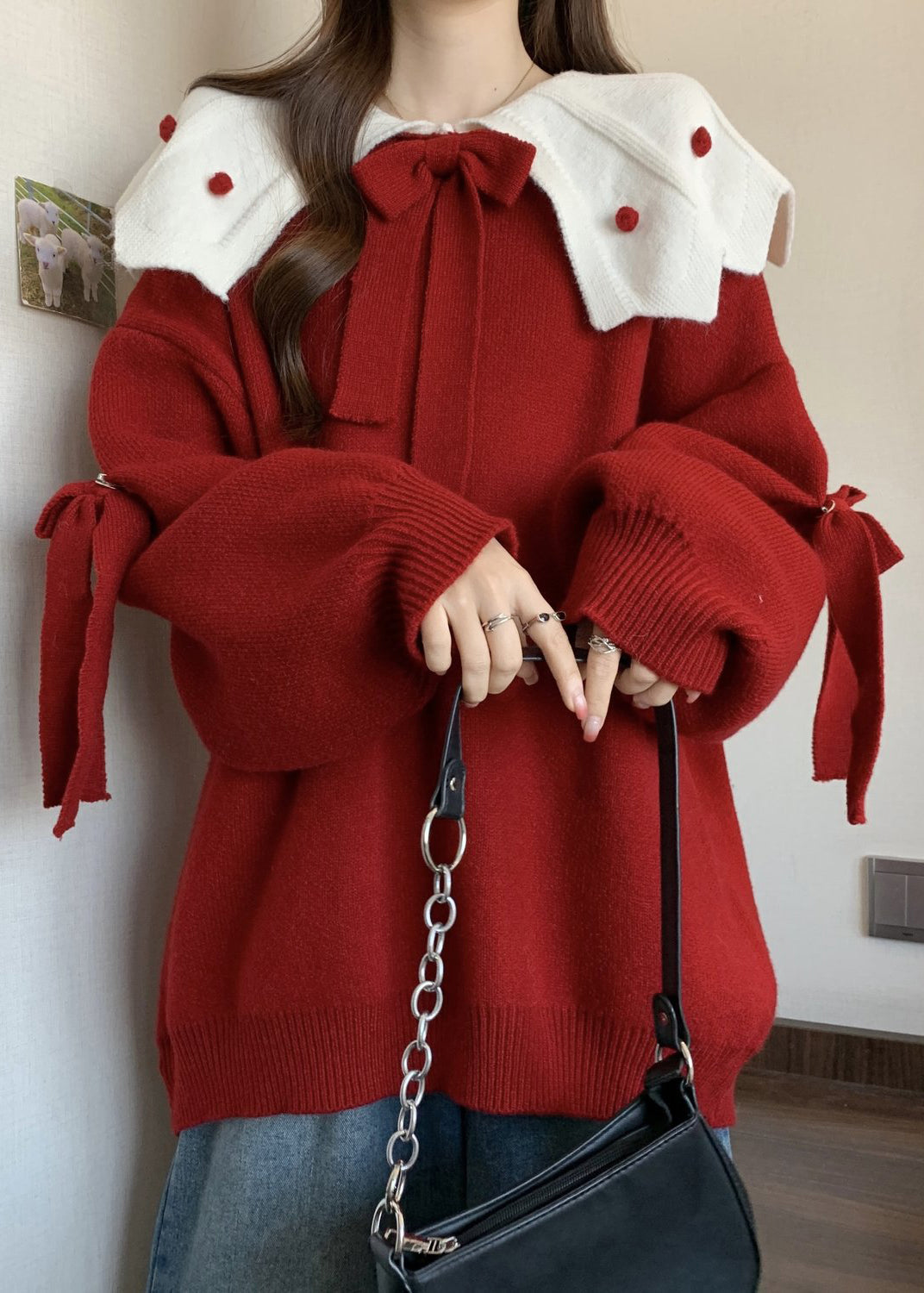 Red Oversized Patchwork Bow Knit Sweater Fall