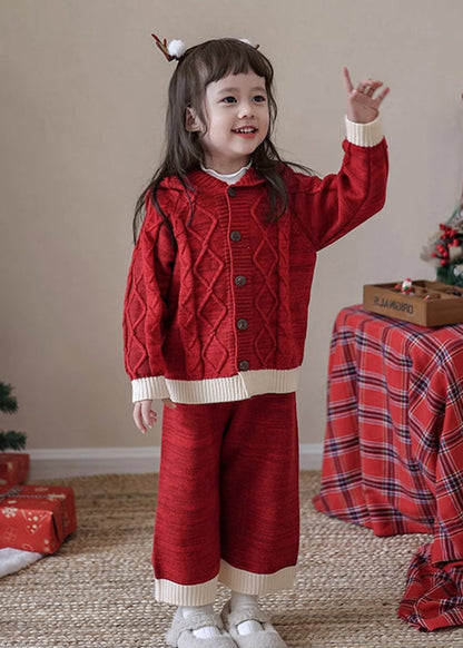 Red Patchwork Cotton Knit Kids Cardigans and Crop Pants Two Piece Set Spring