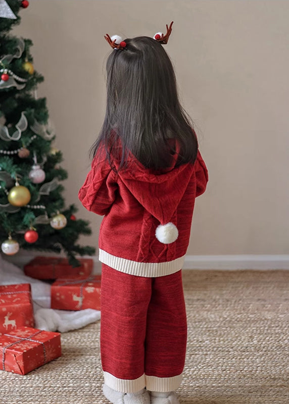 Red Patchwork Cotton Knit Kids Cardigans and Crop Pants Two Piece Set Spring