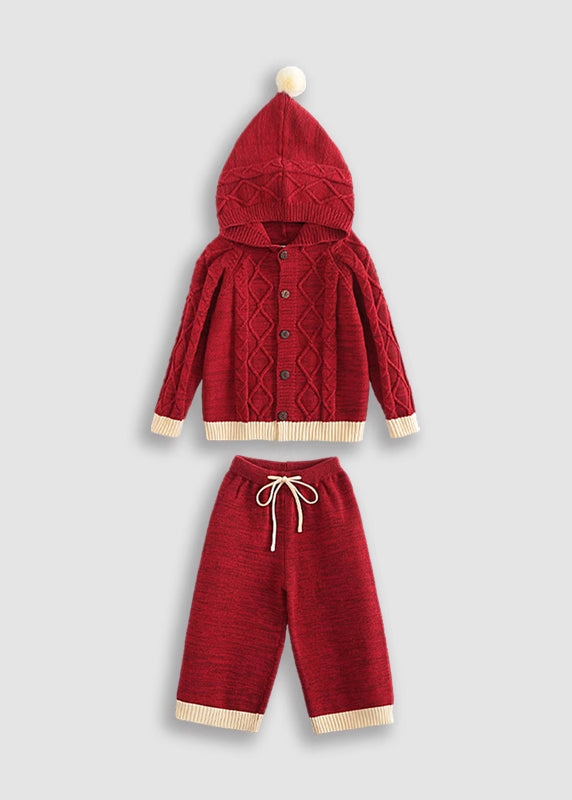 Red Patchwork Cotton Knit Kids Cardigans and Crop Pants Two Piece Set Spring