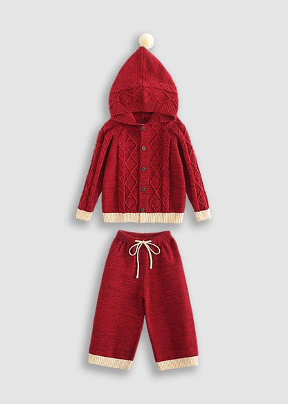 Red Patchwork Cotton Knit Kids Cardigans and Crop Pants Two Piece Set Spring