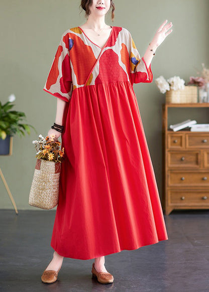 Red Patchwork Print Maxi Dresses Summer
