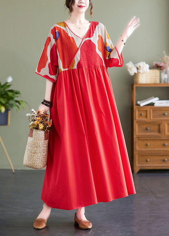 Red Patchwork Print Maxi Dresses Summer