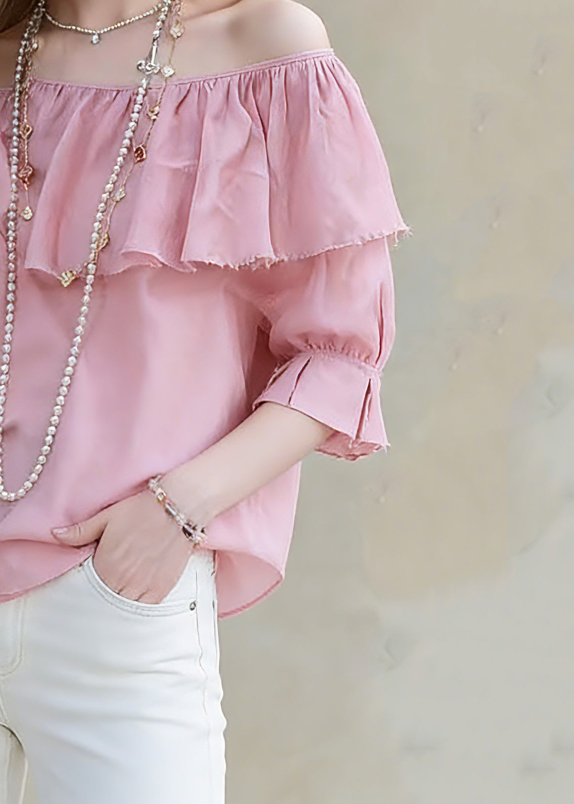 Red Slash Neck Ruffled Patchwork Top Half Sleeve