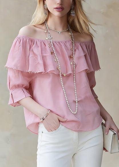 Red Slash Neck Ruffled Patchwork Top Half Sleeve