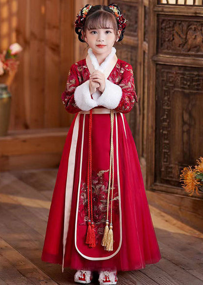 Red Tie Waist Embroideried Patchwork Tulle Kids Maxi Dresses Long Sleeve