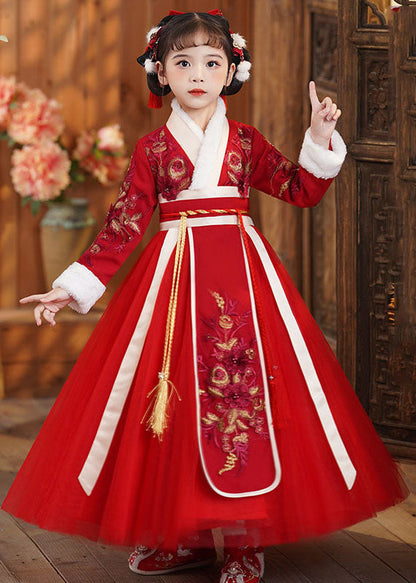 Red Tie Waist Embroideried Patchwork Tulle Kids Maxi Dresses Long Sleeve
