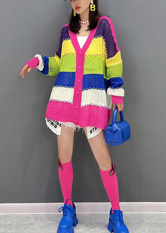 Red V Neck Hollow Out Striped Knit Cardigan Fall