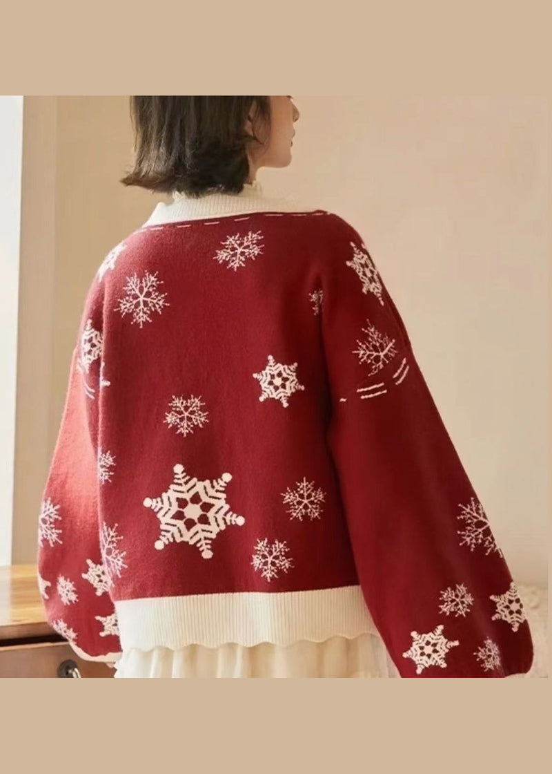 Red V Neck Thick Embroidered Knit Knitted Tops Fall