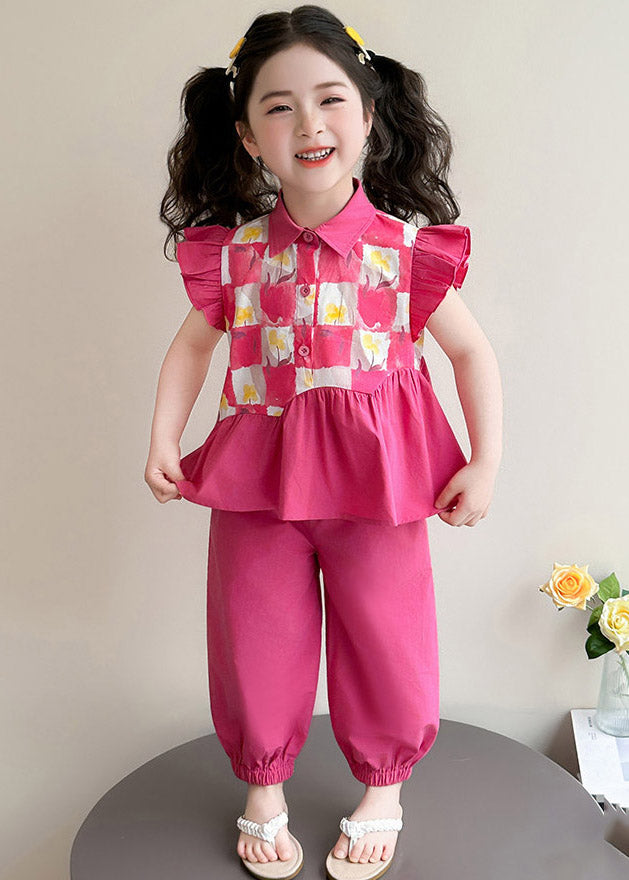 Red Wrinkled Patchwork Kids Vest and Lantern Pants Two Pieces Set Short Sleeve