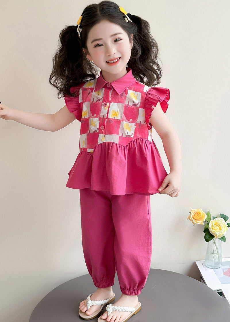 Red Wrinkled Patchwork Kids Vest and Lantern Pants Two Pieces Set Short Sleeve