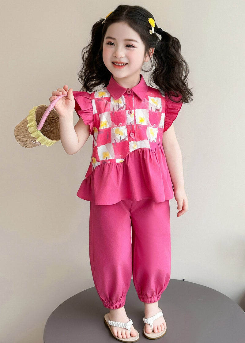 Red Wrinkled Patchwork Kids Vest and Lantern Pants Two Pieces Set Short Sleeve