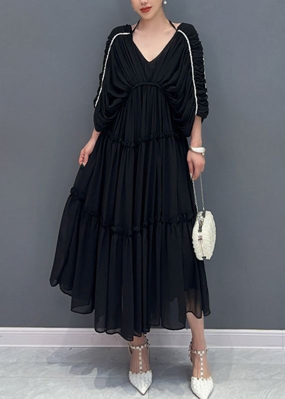 Rose Ruffled Wrinkled Chiffon Long Dresses Half Sleeve