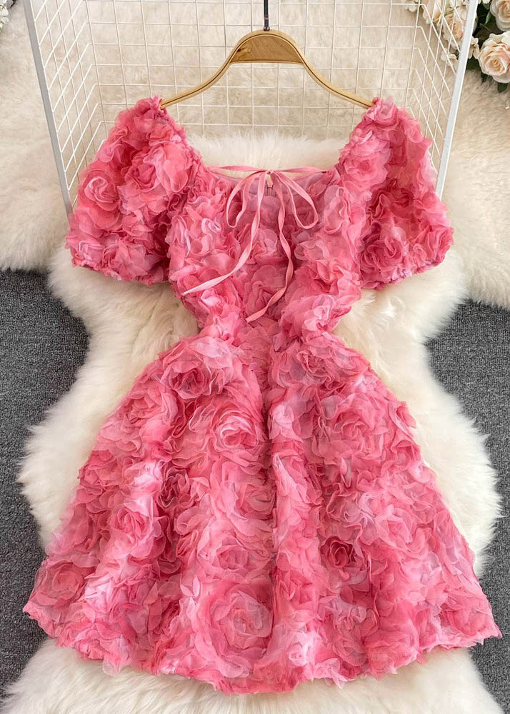 Rose Square Collar Tulle Mid Dress Puff Sleeve