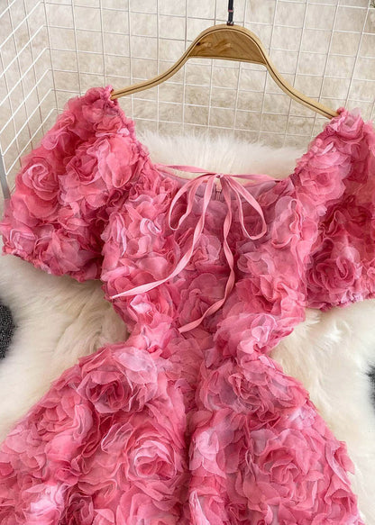 Rose Square Collar Tulle Mid Dress Puff Sleeve