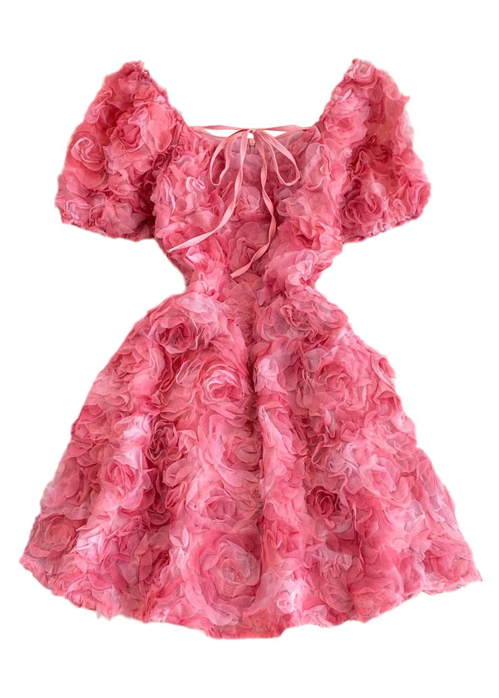 Rose Square Collar Tulle Mid Dress Puff Sleeve