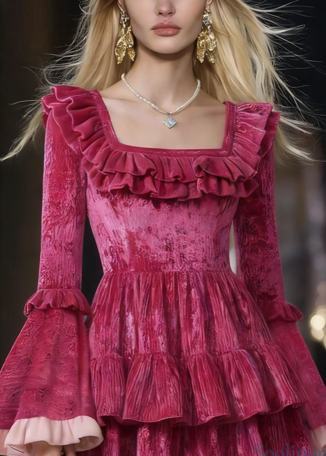 Rose Square Collar Ruffled Patchwork Mini Dresses Flare Sleeve