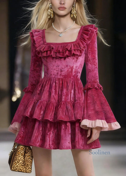 Rose Square Collar Ruffled Patchwork Mini Dresses Flare Sleeve