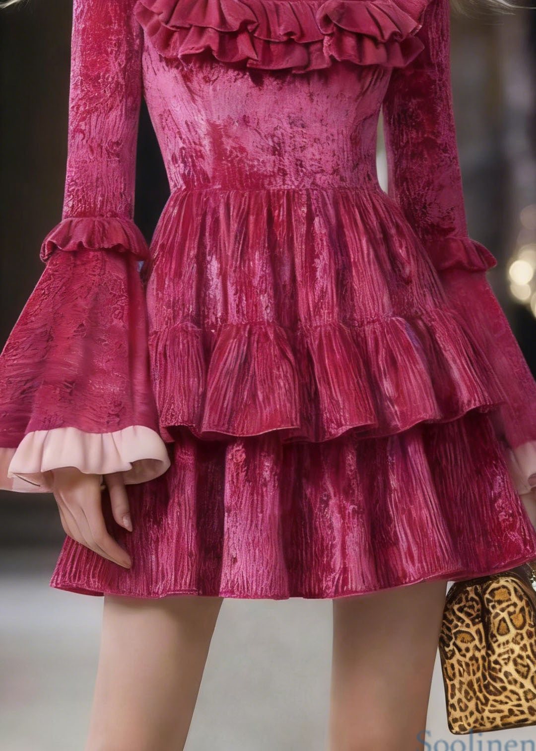 Rose Square Collar Ruffled Patchwork Mini Dresses Flare Sleeve