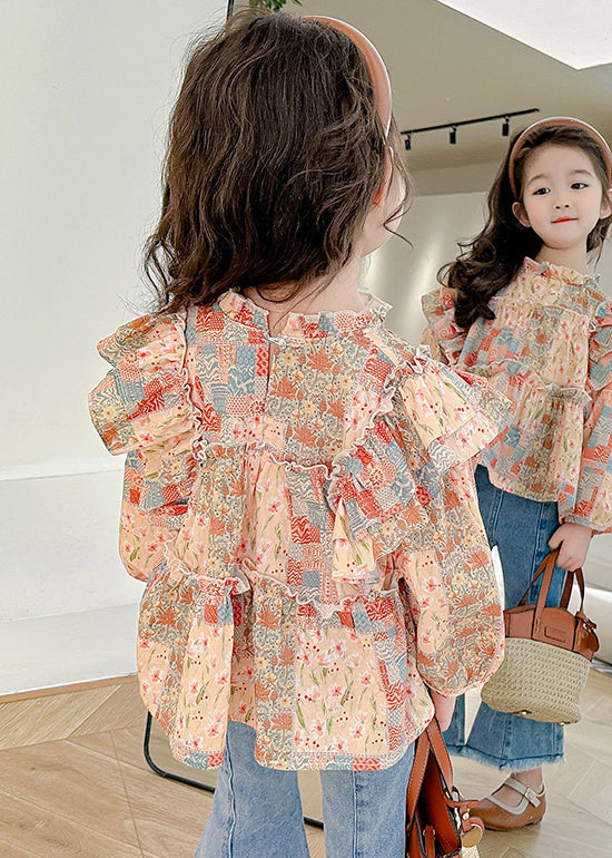 Ruffled Print Cotton Shirt Long Sleeve