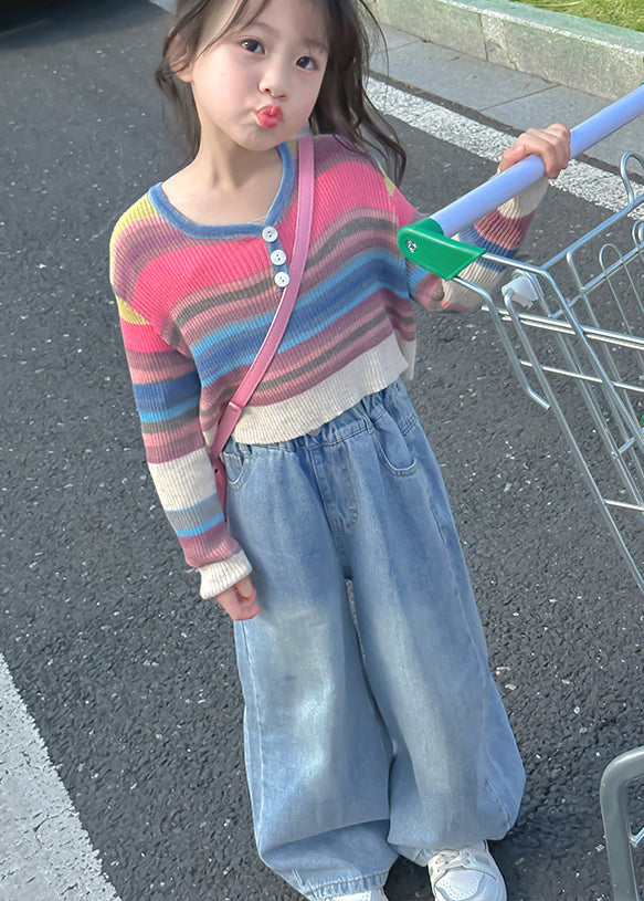 Striped O Neck Cotton Tops and Denim Pants Baby Two Pieces Set Fall