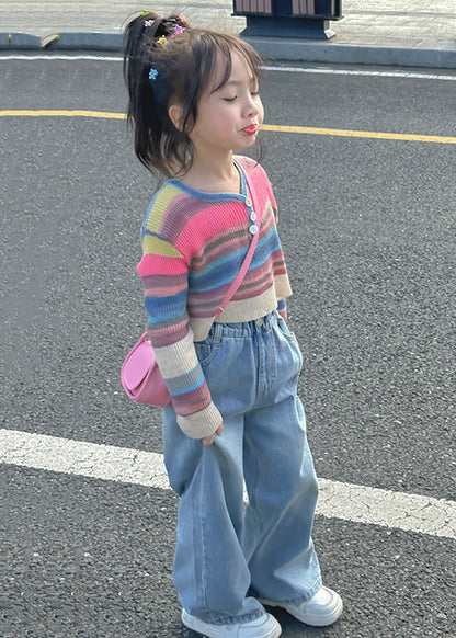Striped O Neck Cotton Tops and Denim Pants Baby Two Pieces Set Fall