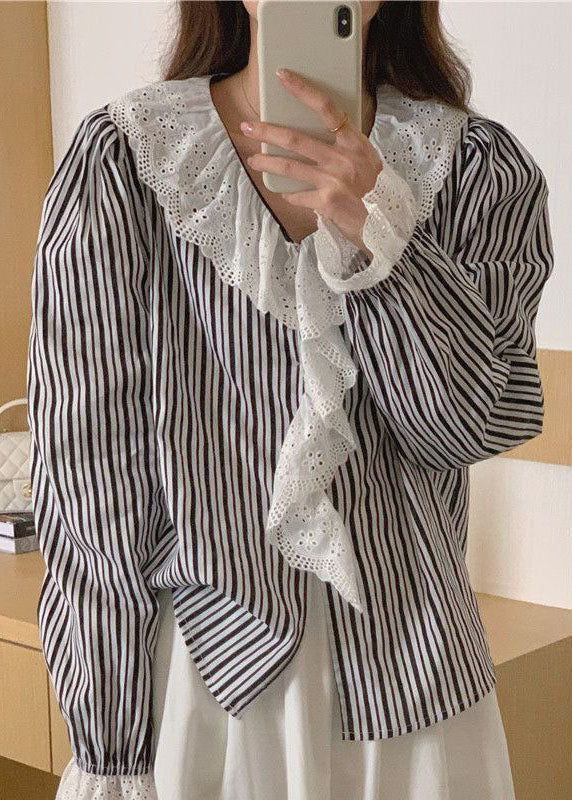 Striped Ruffled Patchwork Cotton Shirts Top Long Sleeve