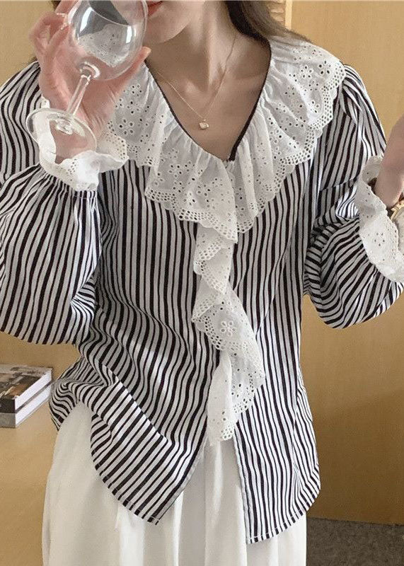 Striped Ruffled Patchwork Cotton Shirts Top Long Sleeve