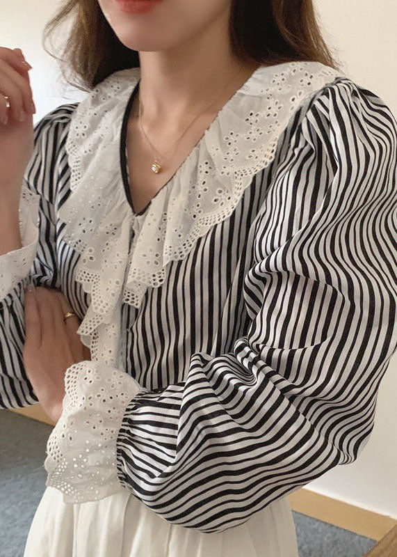 Striped Ruffled Patchwork Cotton Shirts Top Long Sleeve