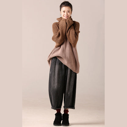Sweater Weather High Neck Khaki Oversized Knitwear Patchwork
