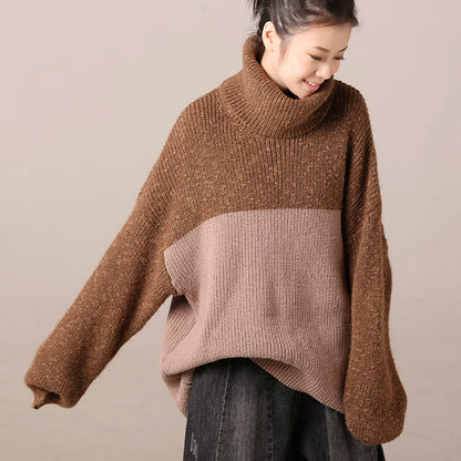 Sweater Weather High Neck Khaki Oversized Knitwear Patchwork